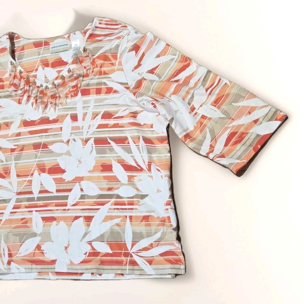 Alfred Dunner Woman Shirt Stretch Orange Stripe Floral Stud Fringe Collar Sz 2x - Picture 2 of 12